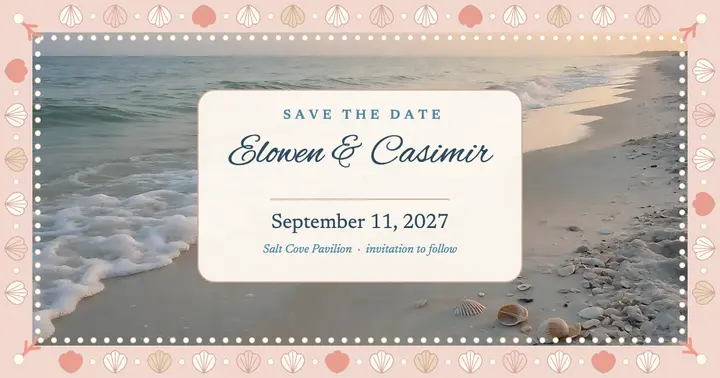 Elowen and Casimir shell frame save the date: beach wedding save the date template