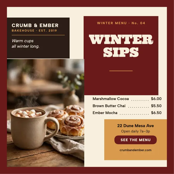 Crumb and Ember winter sips menu template