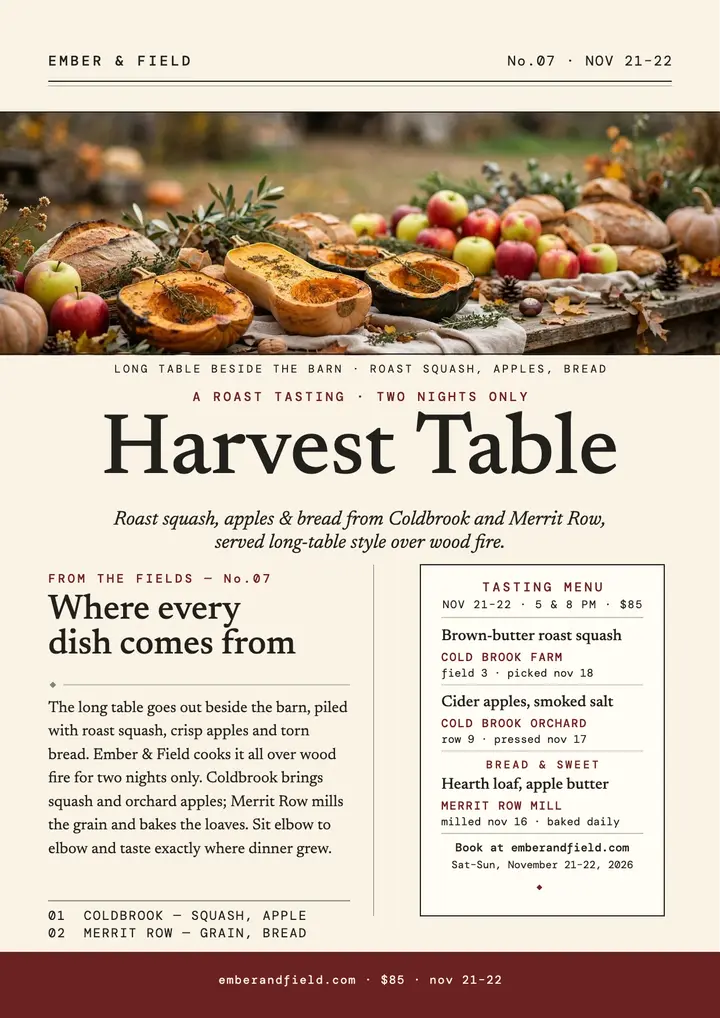 Ember and Field roast harvest tasting flyer template