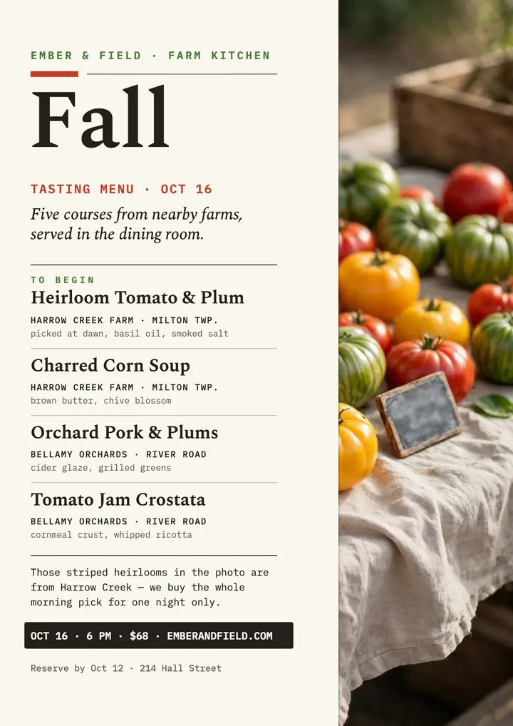 Ember and Field fall tasting menu flyer template