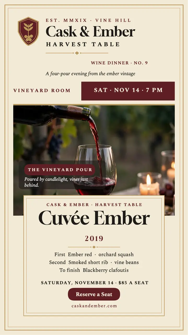 Cask and Ember harvest wine dinner story template