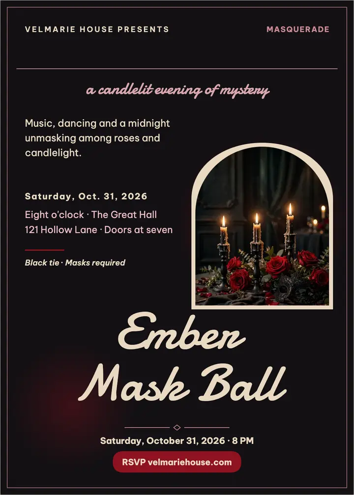 Ember Mask Ball invitation, Velmarie House template