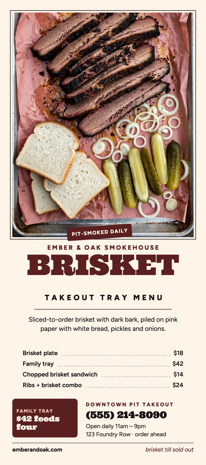 Ember and Oak brisket tray takeout menu template