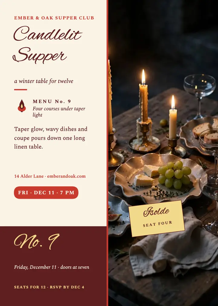 Ember and Oak candlelit supper invitation template