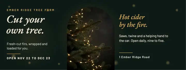 Christmas tree farm Facebook cover, moody holiday glow template