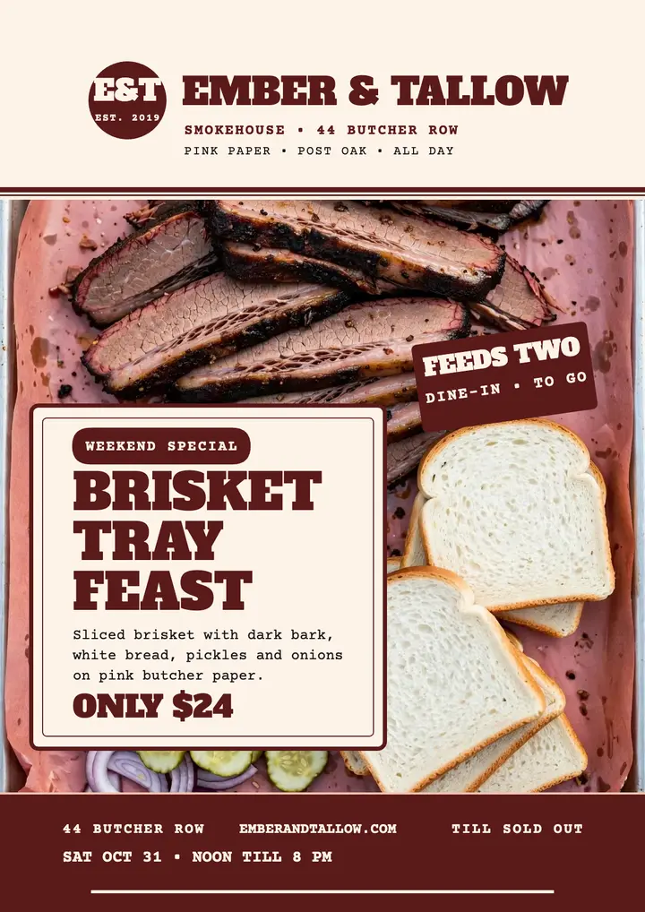 Ember and Tallow brisket tray feast flyer template
