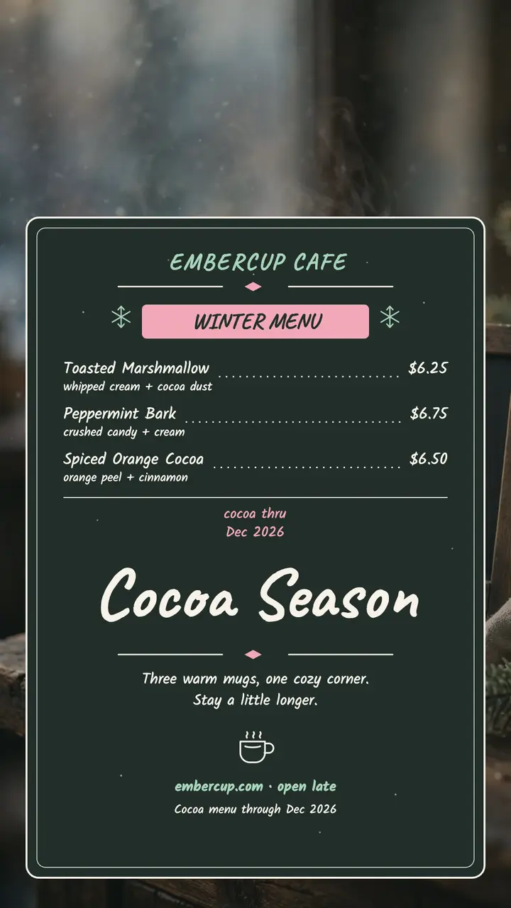Embercup Cafe winter cocoa menu story template