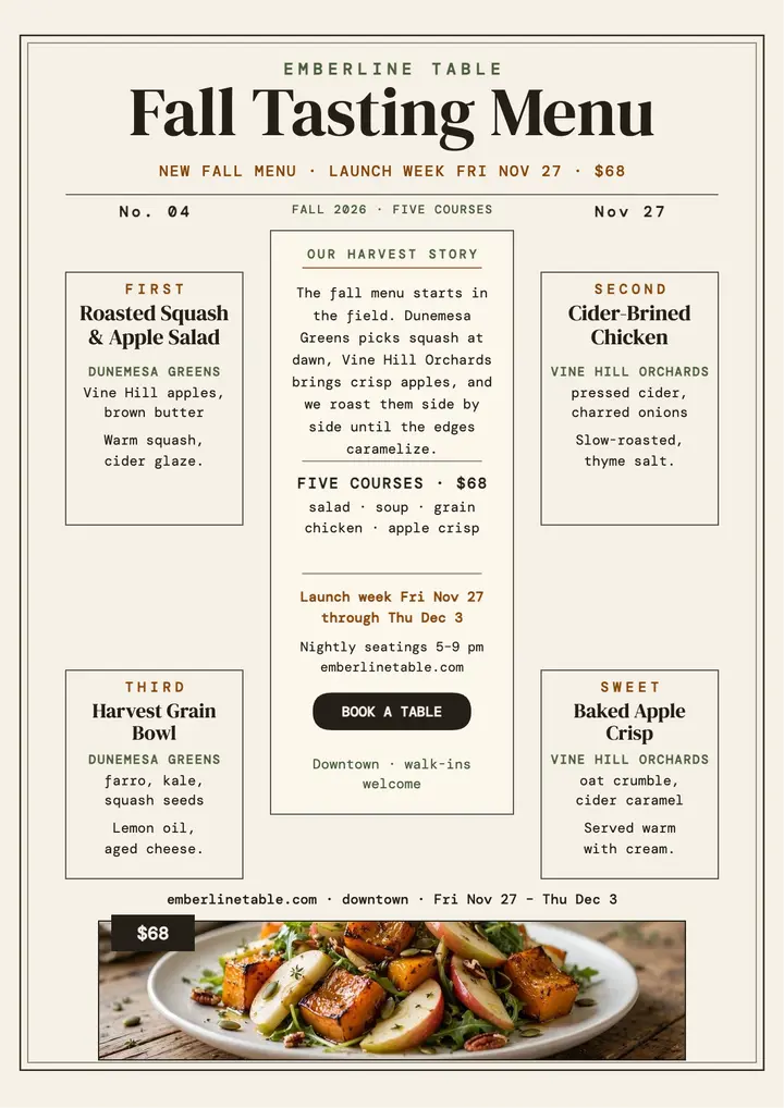 Emberline Table fall tasting menu flyer template