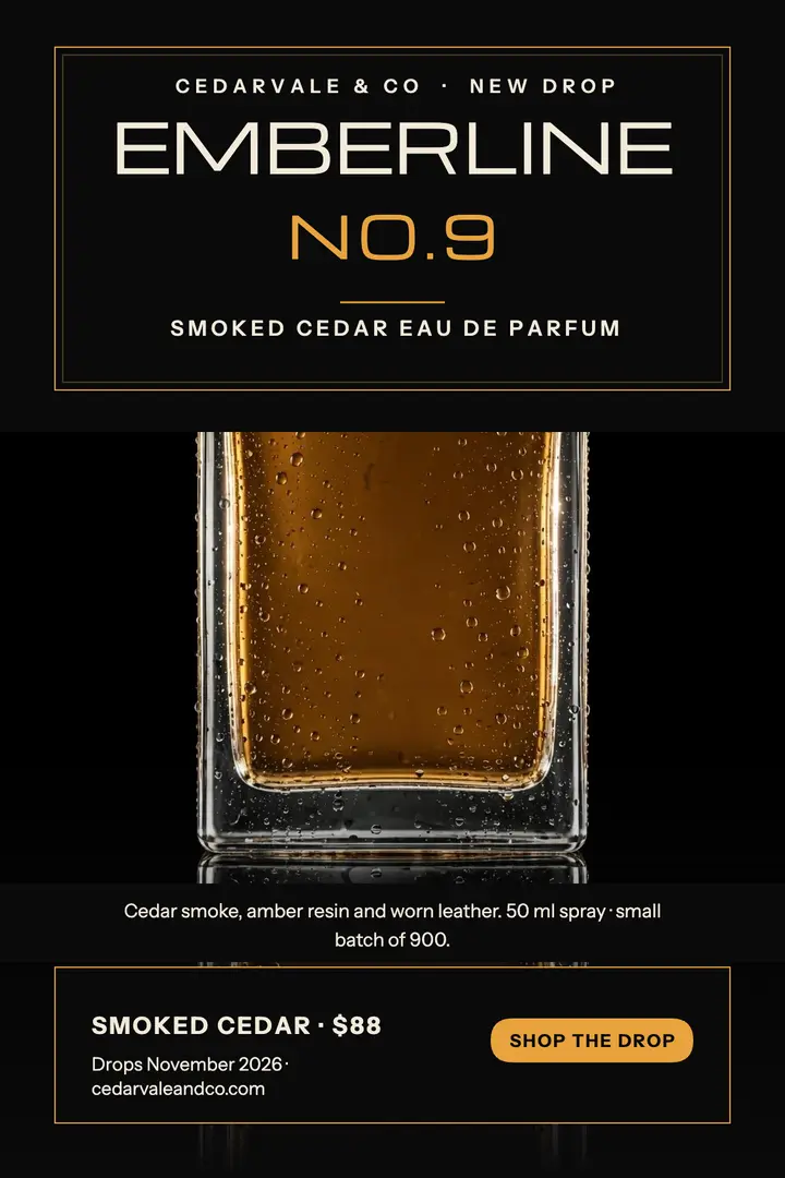 Cedarvale Emberline No.9 parfum drop poster template