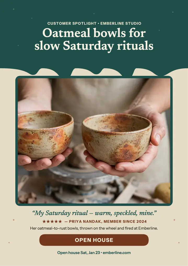 Emberline potter spotlight flyer: pottery member spotlight flyer template