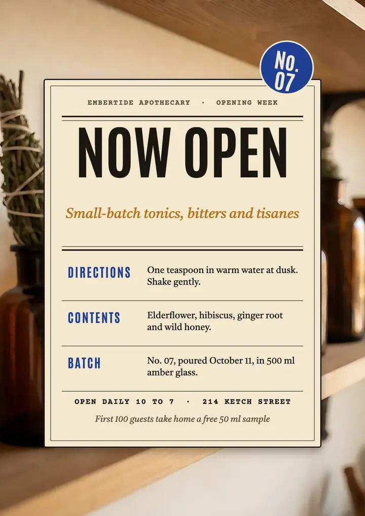 Herbal tonic shop opening flyer, apothecary label template