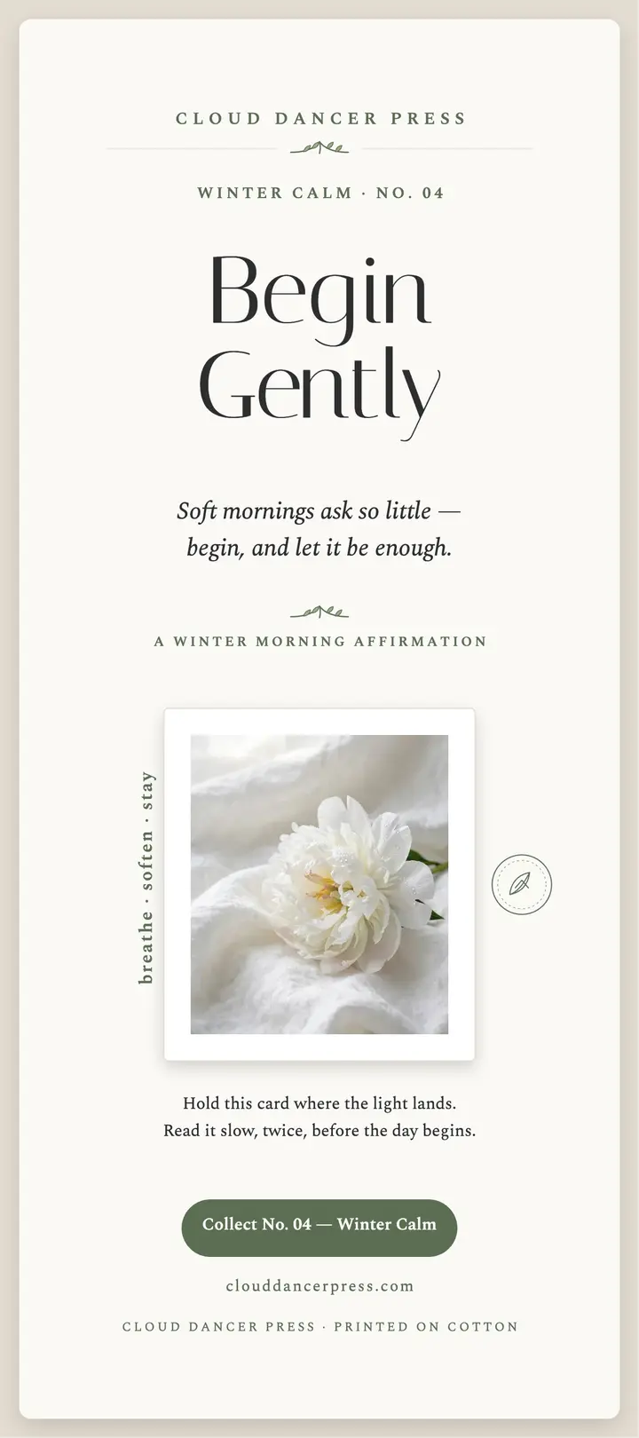 Begin Gently embossed quote rack card: calm quote rack card template