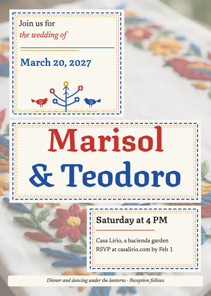 Embroidered garden wedding invitation, Tenango style template