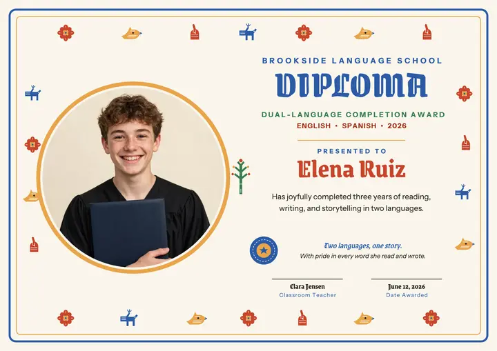 Brookside dual-language diploma certificate template