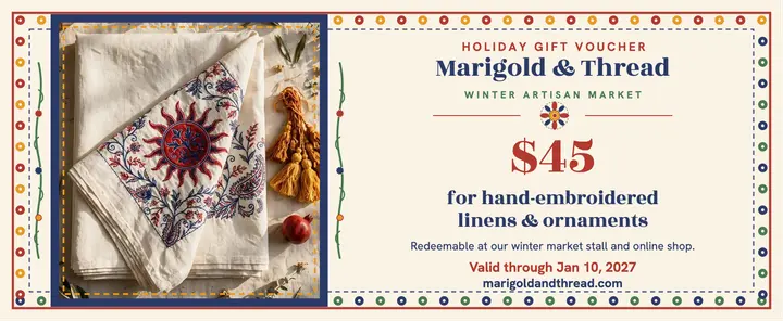Marigold Thread embroidered linen voucher: holiday gift voucher template