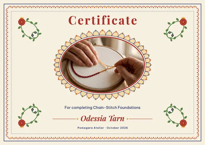 Pomegara Atelier chain-stitch course certificate, suzani template