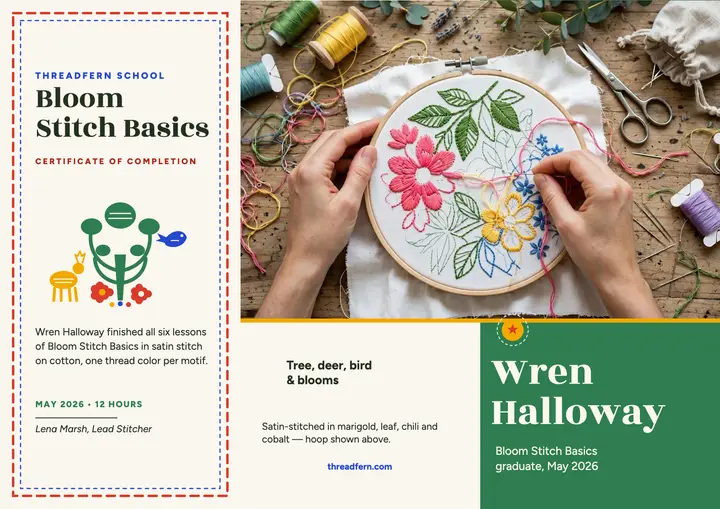 Bloom Stitch embroidery certificate template