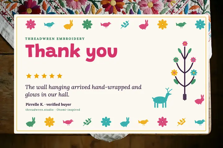Threadwren embroidery thank-you review postcard, Tenango embroidery template