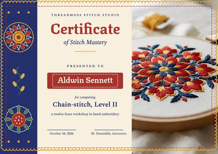 Stitch Mastery embroidery certificate template