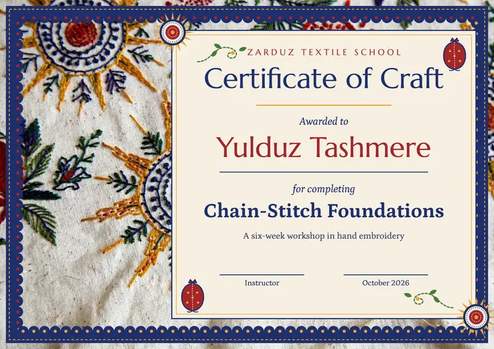 Zarduz Textile School workshop certificate: embroidery workshop certificate template