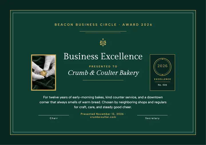 Emerald business award certificate, bakery team: business award certificate template