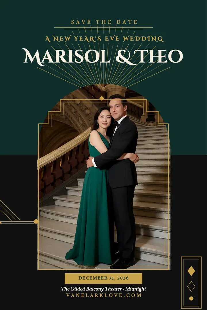 Marisol and Theo emerald NYE save-the-date template