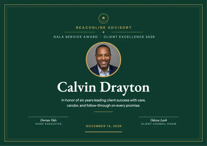 Emerald gala client excellence award certificate template