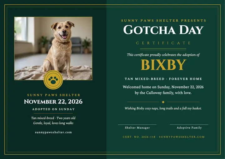 Emerald gotcha day certificate, shelter dog template