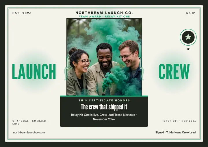Emerald launch crew certificate, startup: launch team award certificate template