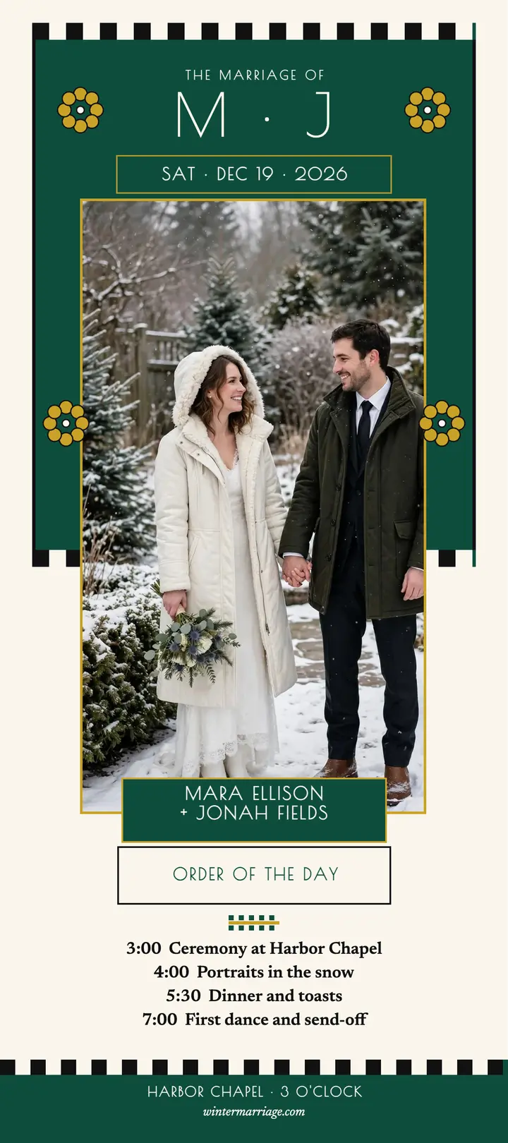 Emerald winter order of day rack card template