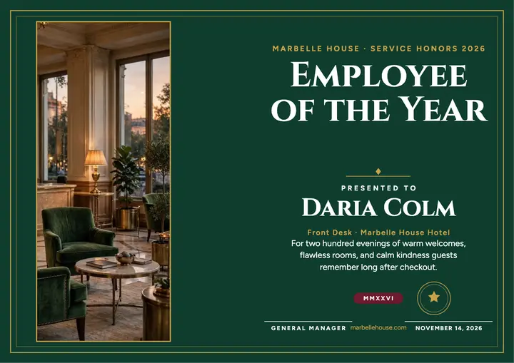 Marbelle House Employee of the Year certificate template