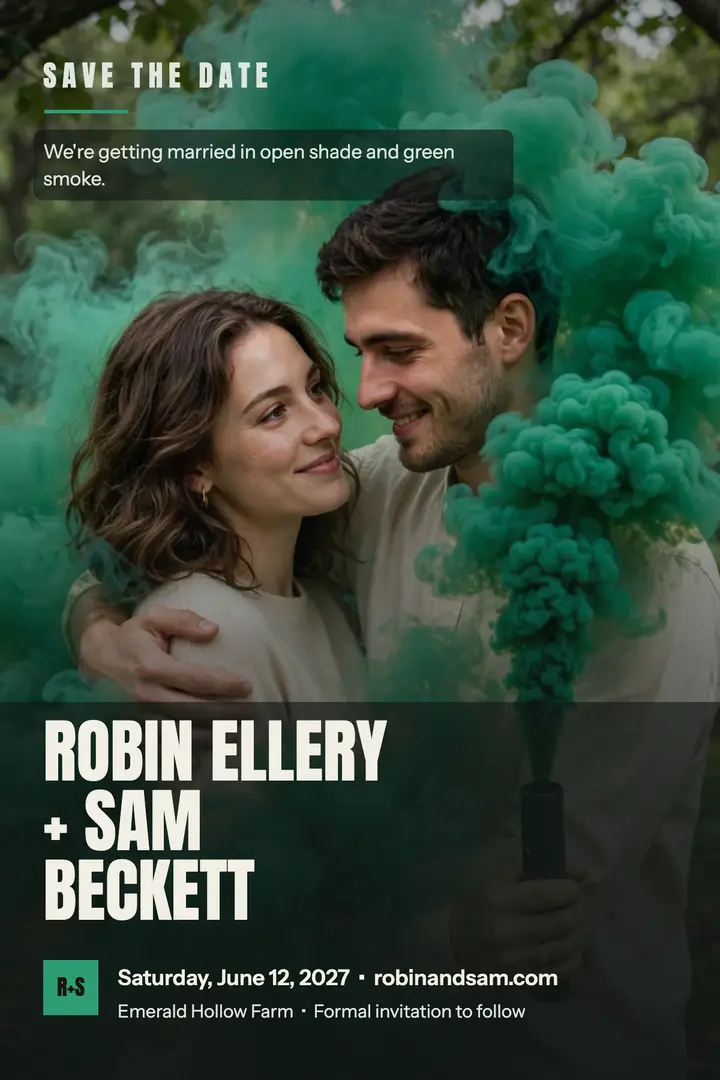 Robin and Sam emerald smoke save the date: save the date poster template