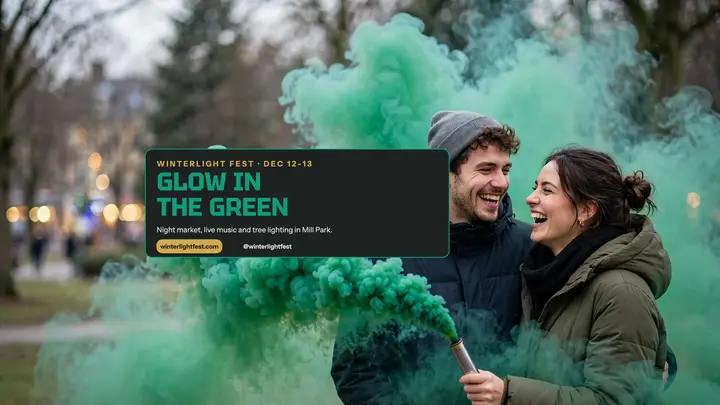 Winterlight Fest emerald smoke banner: winter festival youtube banner template