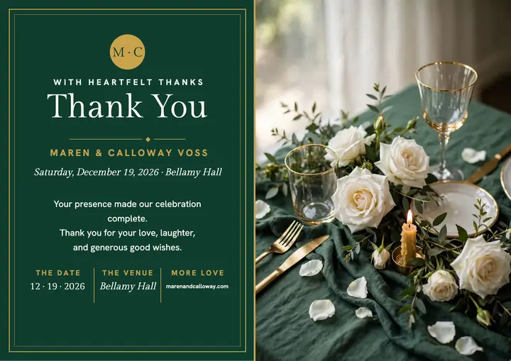 Maren and Calloway emerald thank you: wedding thank you certificate template