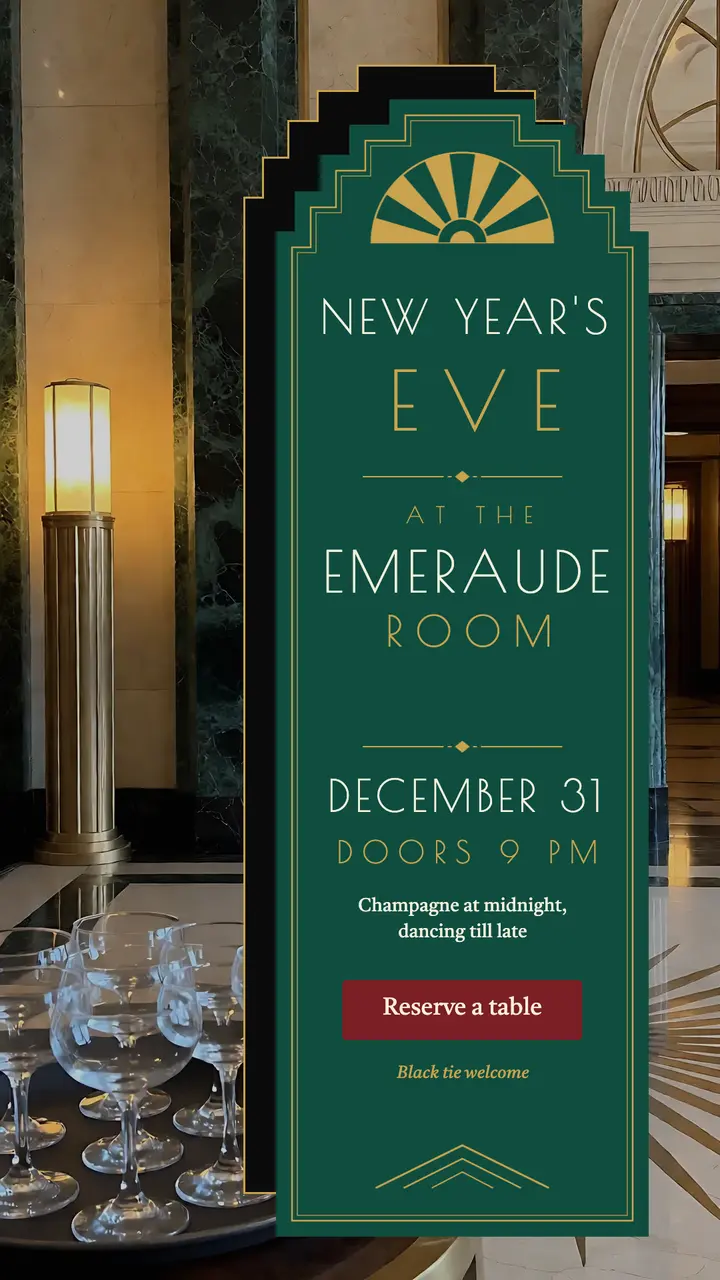 Emeraude Room New Year's Eve gala story, neo deco template