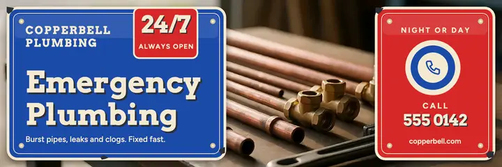 Copperbell Plumbing emergency enamel sign header: plumber x header template