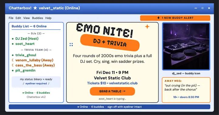 Chatterbox emo DJ trivia night post: emo trivia night post template