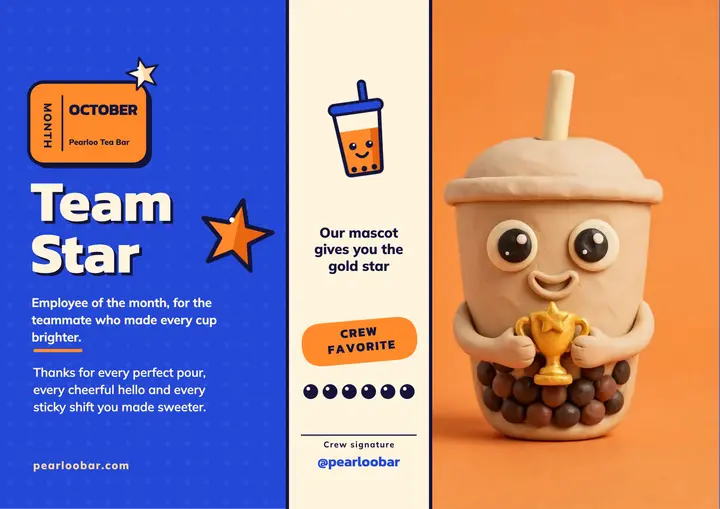 Employee of the month certificate, bubble tea mascot: employee of the month certificate template