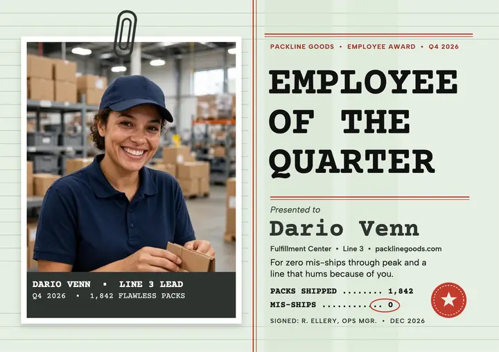 Packline Goods employee of quarter certificate template