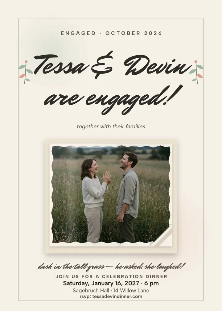 Tessa and Devin meadow engagement invitation: engagement invitation template