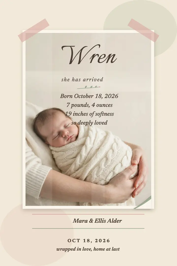 Wren Alder birth announcement poster template