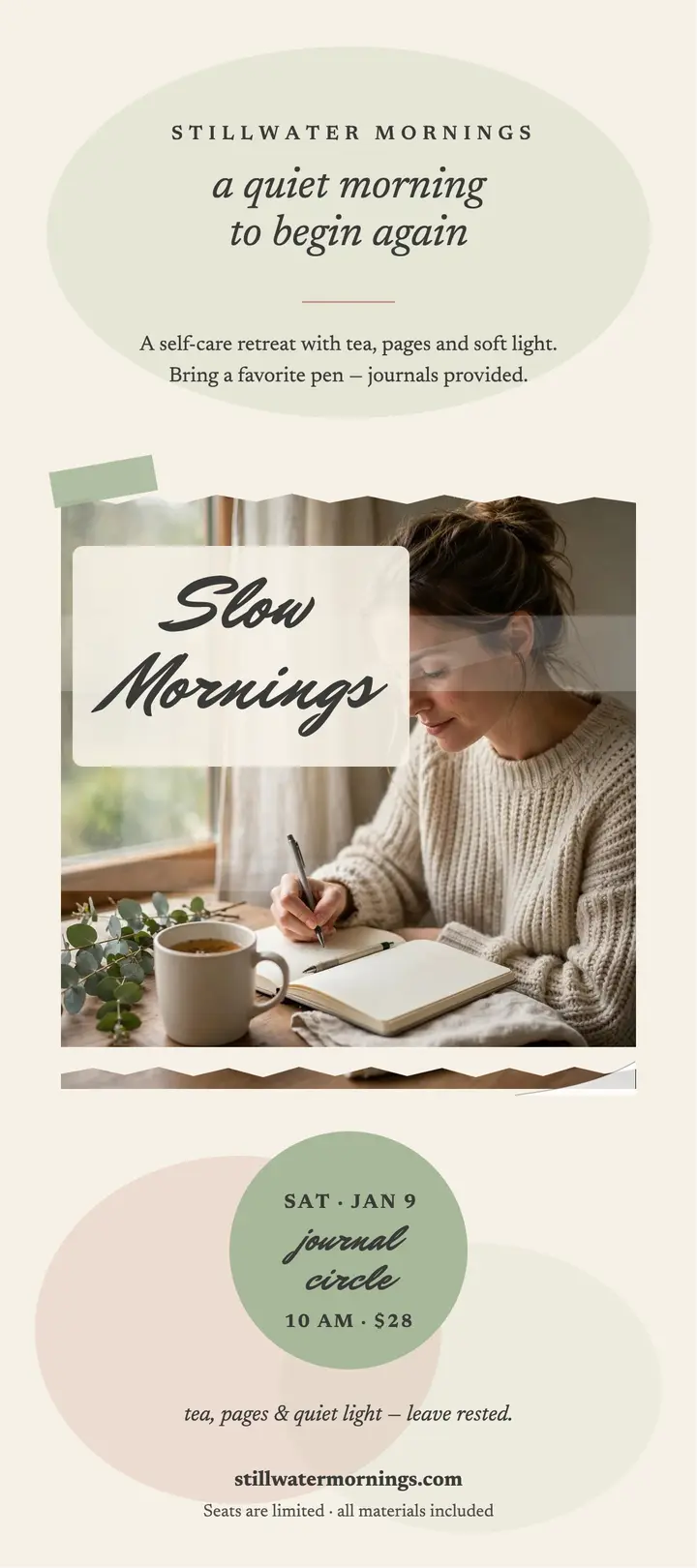 Stillwater Mornings journal retreat rack card template