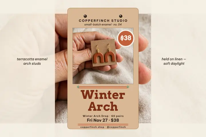 Copperfinch Winter Arch earrings drop: earring drop postcard template