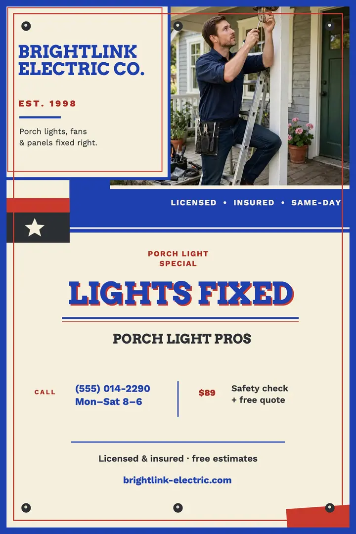 Brightlink porch light enamel poster: electrician promo poster template