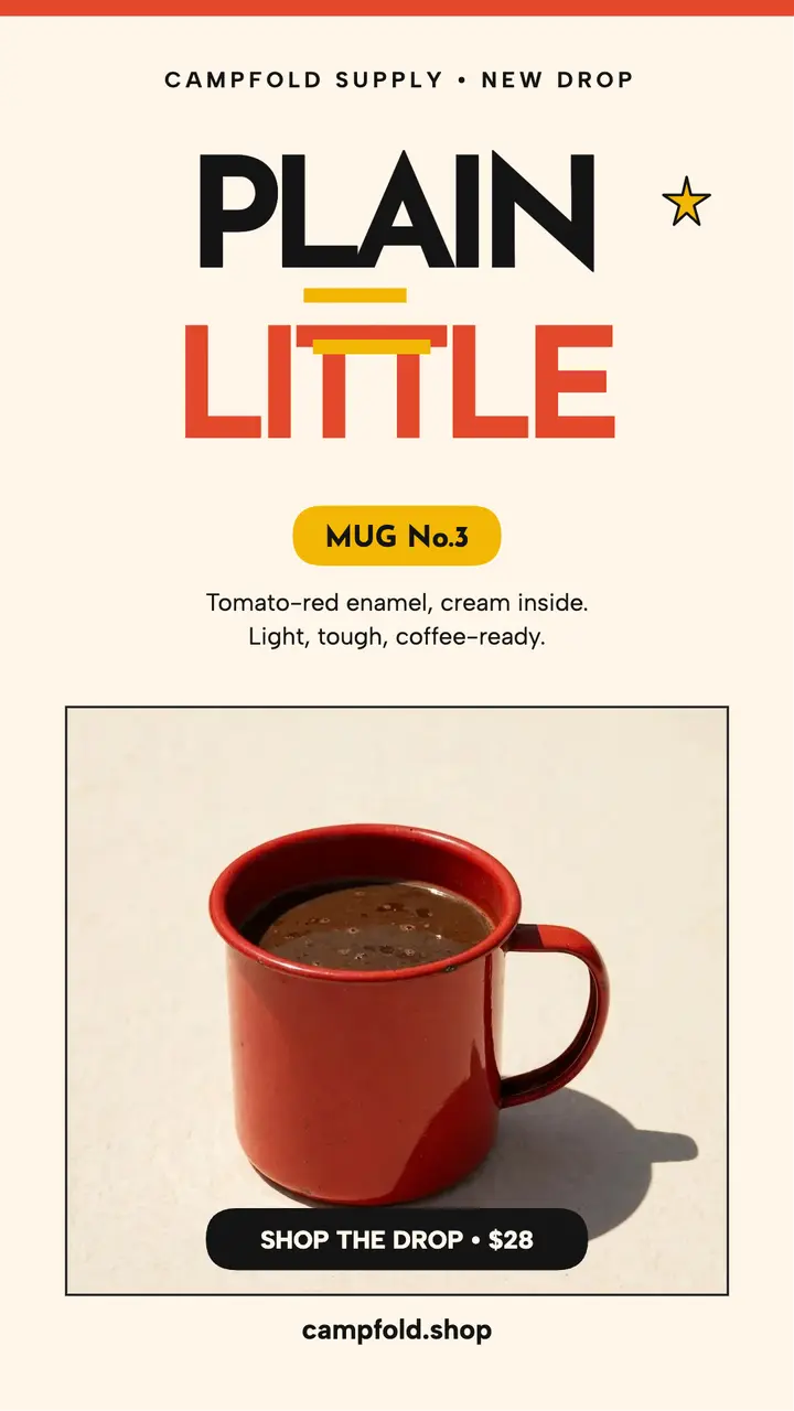 Campfold tomato mug drop story: enamel mug launch story template
