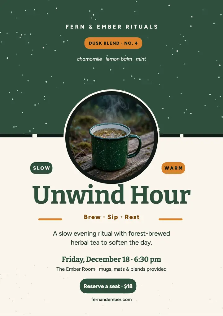 Unwind Hour tea ritual flyer, Fern and Ember template