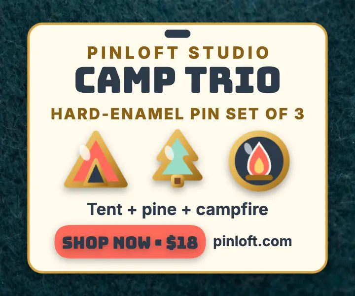 Camp Trio enamel pin drop ad template