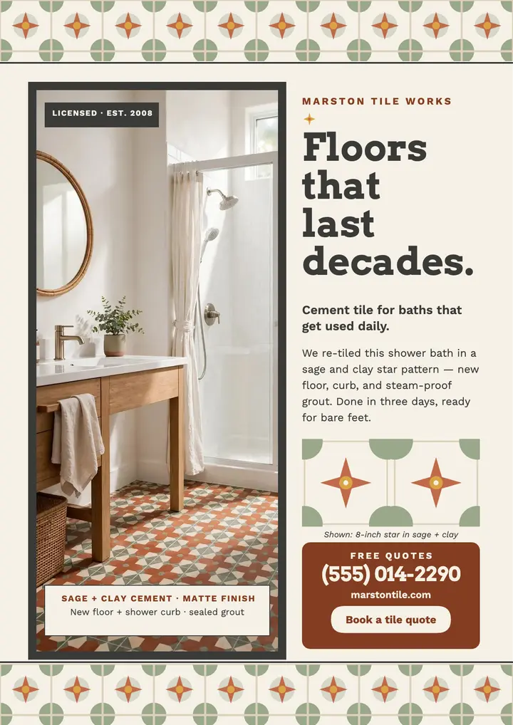 Marston tile bath re-tile promo flyer: tile installer flyer template