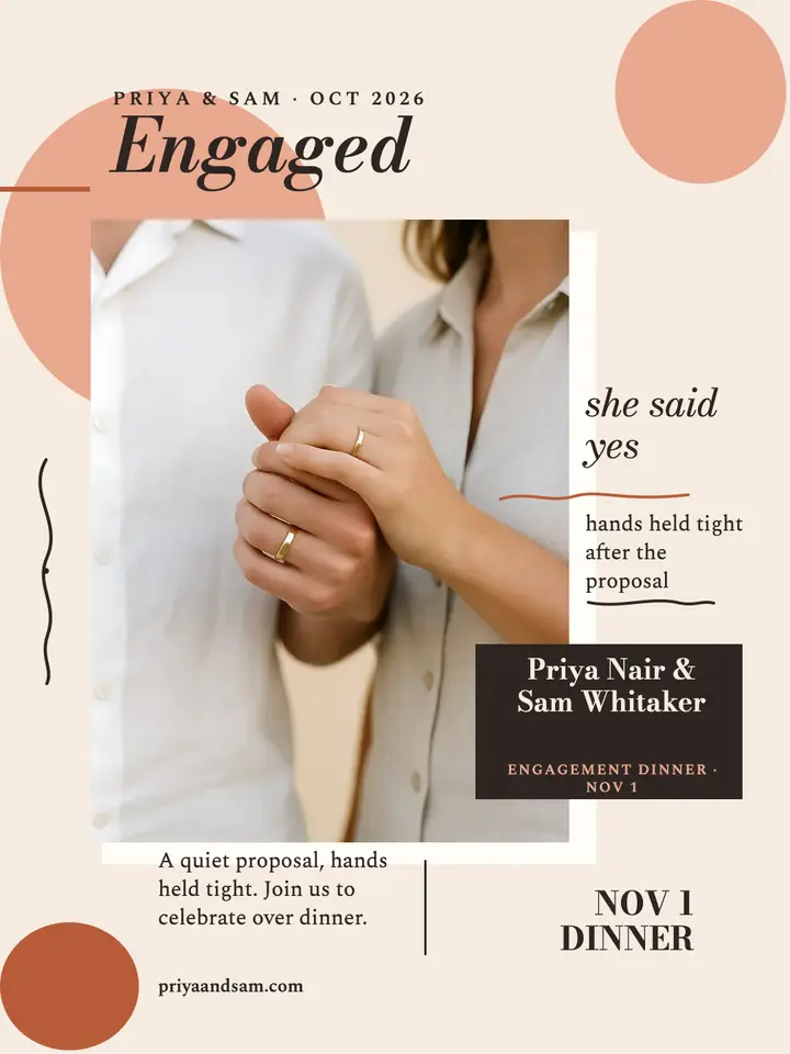 Priya and Sam engaged portrait: engagement announcement template