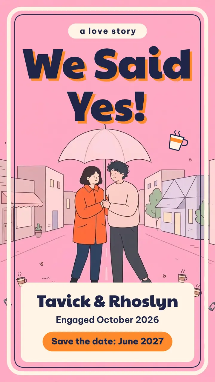 Tavick and Rhoslyn rom-com engagement story: engagement announcement story template